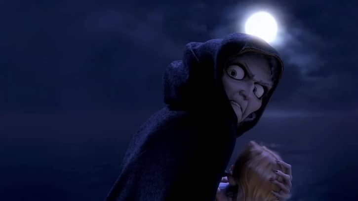 Old Mother Gothel stealing the baby Rapunzel