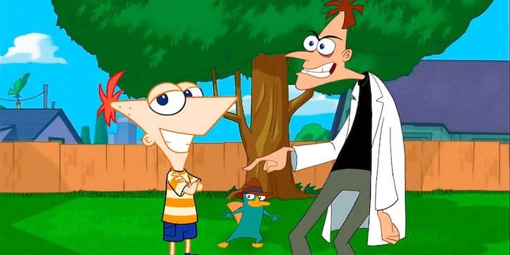 Phineas Perry and Dr. Heinz Doffenshmirtz in a backyard