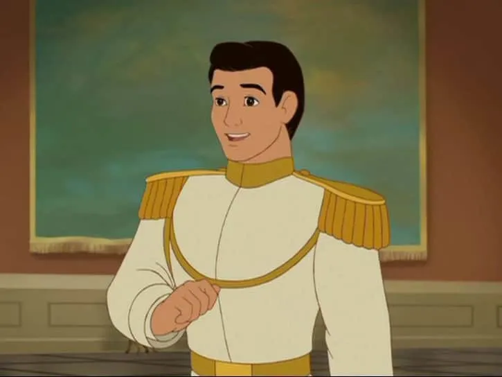 Prince Charming wearing a white and gold suit
