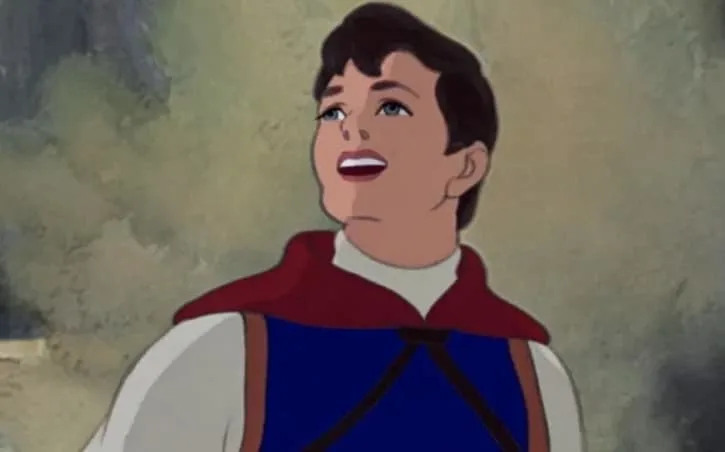 Prince Florian looking up and singing near Snow Whites balcony