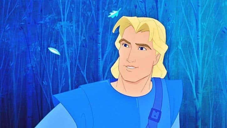Prince John Smith in his blue armor under coat and medium long blonde hair