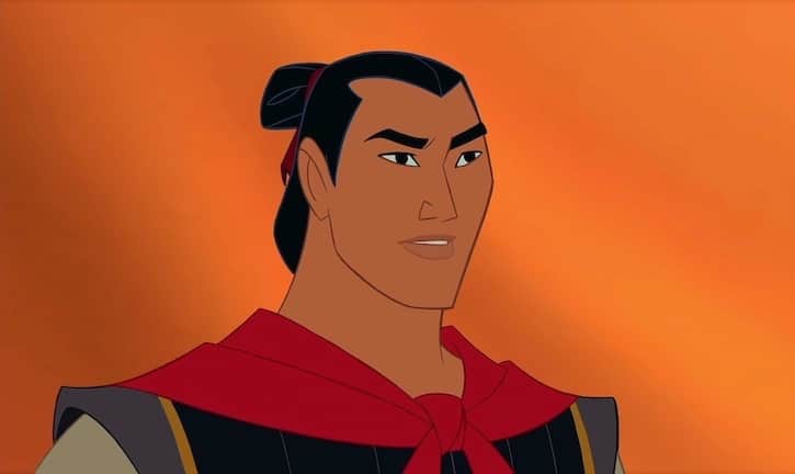 Prince Li Shang with his black hair in a man bun and wearing a red scarf