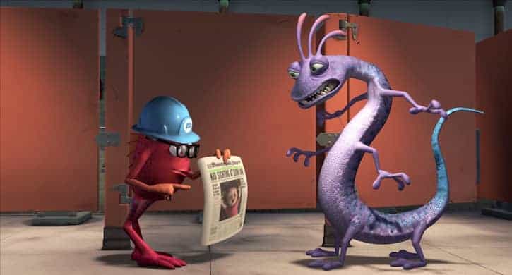 Randall from Monsters Inc talking with an employee
