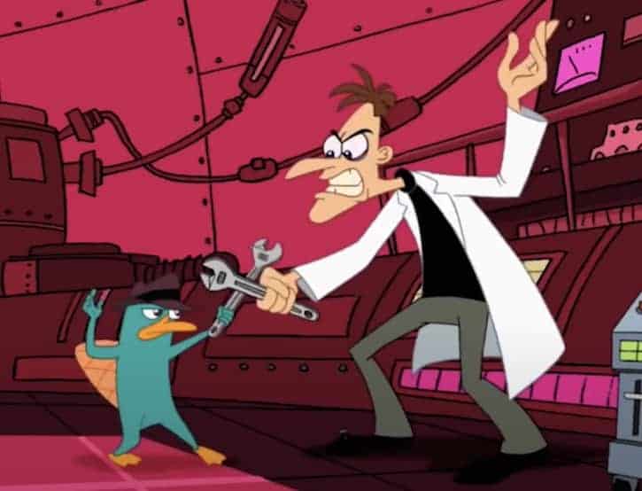 Secret agent Perry and Doofenshmirtz fighting with wrenches