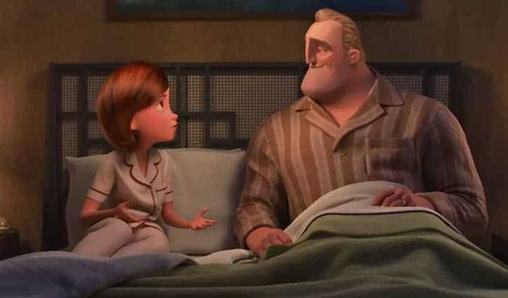 Bob and Helen Parr talking while sitting in bed