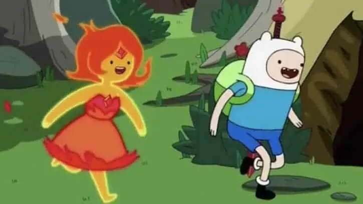 Finn and Flame Princess running together in Adventure Time