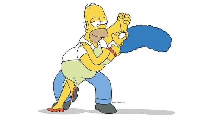 Homer Simpson and Marge Simpson dancing as a cartoon couple