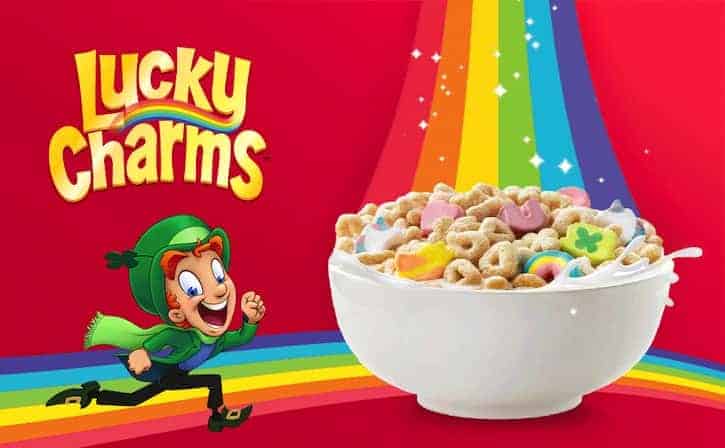 Lucky cereal mascot and Lucky Charms bowl of cereal
