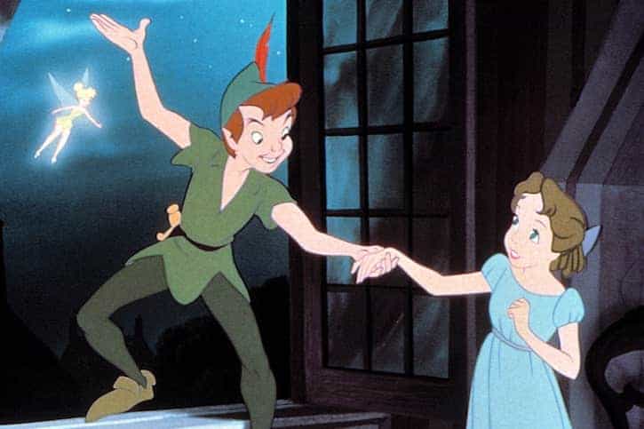 Peter Pan and Wendy Darling with Peter reaching for her hand in the window