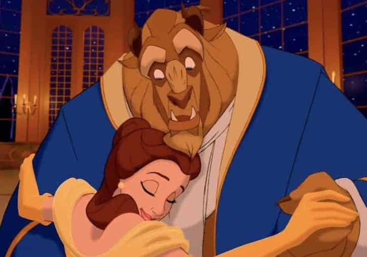 Princess Belle and The Beast dancing as a classic cartoon couple