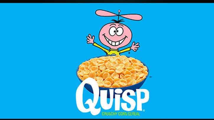 Quisp cereal mascot with a bowl of Quisp