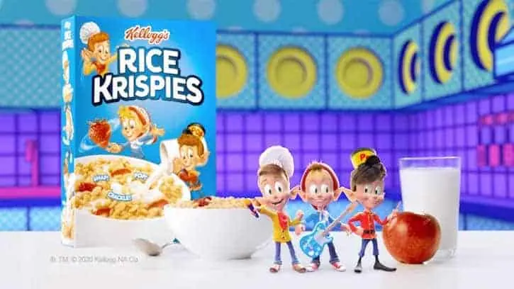 Snap Crackle and Pop cereal mascots with Rice Krispies cereal