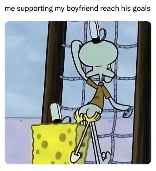 SpongeBob and Squidward reaching goals meme