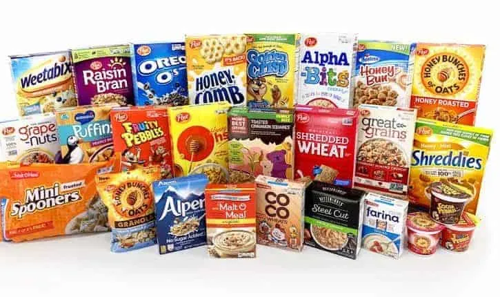 View of all Post brand cereal boxes