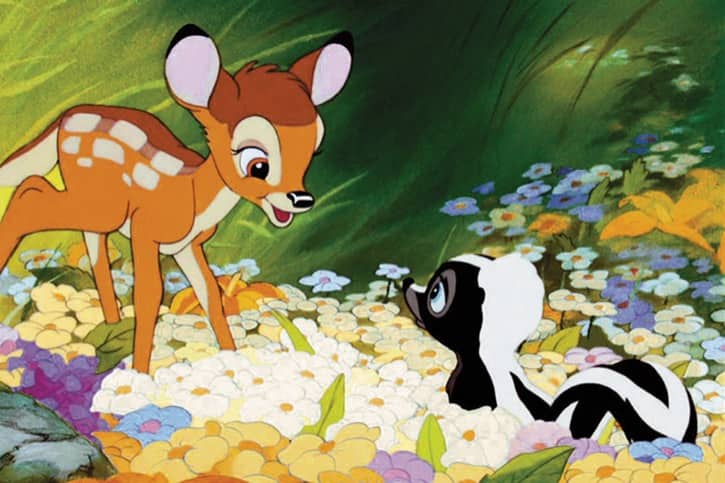 Bambi and Flower meeting for the first time in a patch of flowers