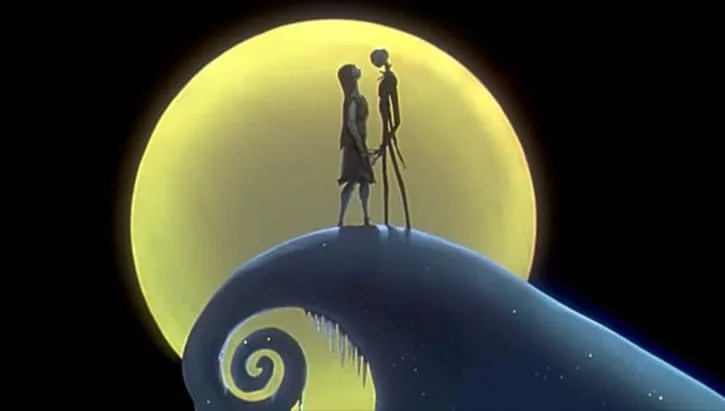 Jack Skellington and Sally getting ready to kiss on Spiral Hill