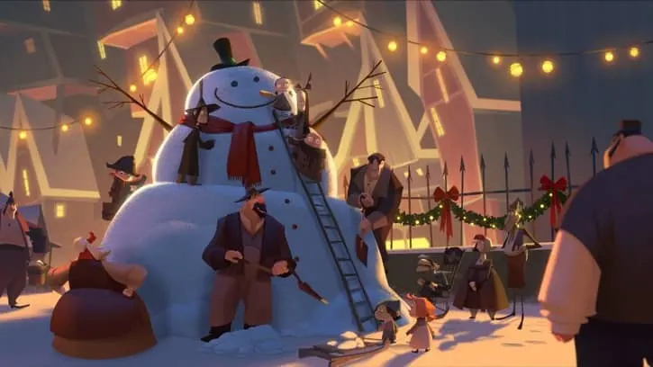 Klaus movie locals building a giant snow man