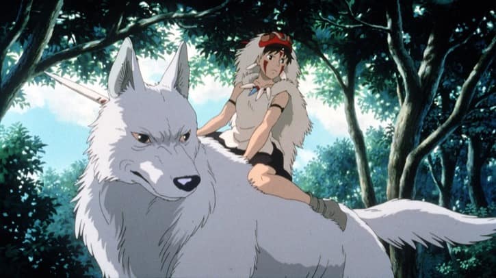 Princess Mononoke riding her white wolf Moro