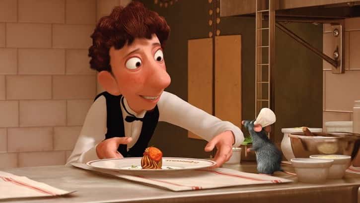 Ratatouille movie Linguini and Remy in the kitchen plating an entree