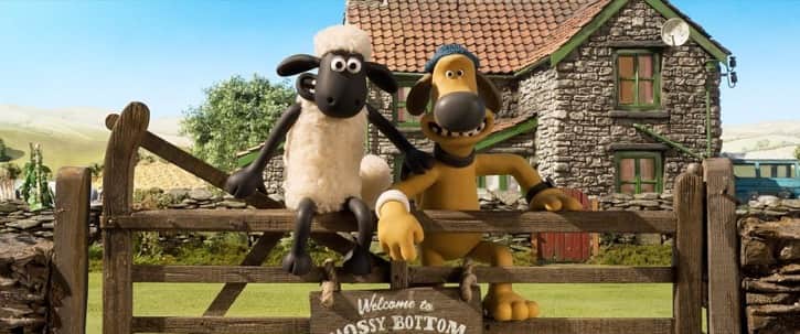 Shaun the Sheep and Bitzer jumping a fence
