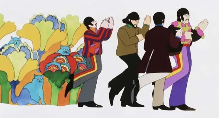 Yellow Submarine movie cartoons of Paul McCartney, John Lennon, Paul Angelis, Peter Batten, John Clive, George Harrison, Geoffrey Hughes, Ringo Starr, and The Beatles