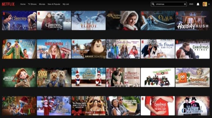 Netflix screen shot of Christmas movies list for kids