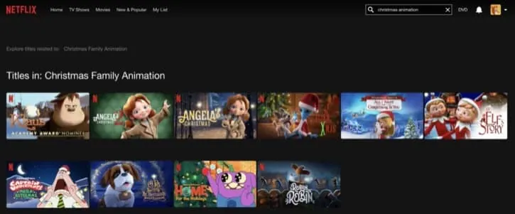 Netflix screen shot of cartoon Christmas movies