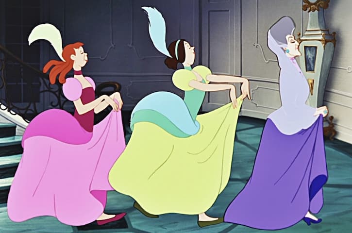 Anastasia Drizella and Lady Tremaine walking in a line in their dresses