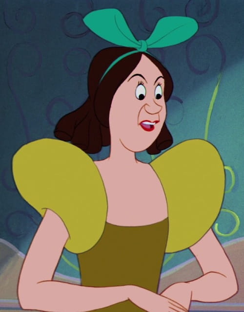 Drizella Tremaine with brown hair green hair bow and a green dress