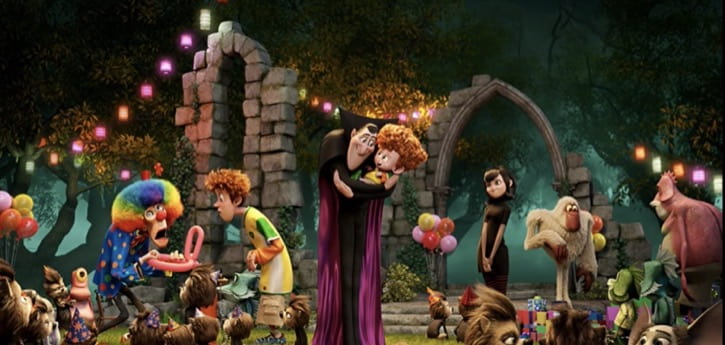 Hotel Transylvania 2 Dracula holding Dennis outside at his birthday party with monsters and clowns