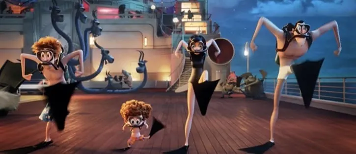 Hotel Transylvania 3 Summer Vacation Jonathan, Mavis, Dennis, and Dracula running on the boat deck in flippers and scuba gear