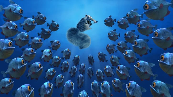 Ice Age 2 Scrat in deep water holding an acorn surrounded by piranhas