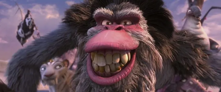 Ice Age Continental Drift Captain Gutt close up view of his pink face and crocked stained teeth