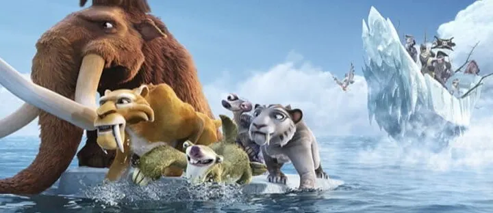 Ice Age Continental Drift Manny's new herd chased on their block of ice by the pirates on their ice ship