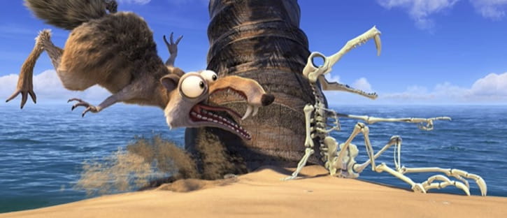Ice Age Continental Drift Scrat sees a Scrat like skelaton on a beach against a palm tree