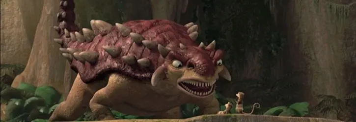 Ice Age Dawn of the Dinosaurs Eddie and Crash confronted by a large dinosaur