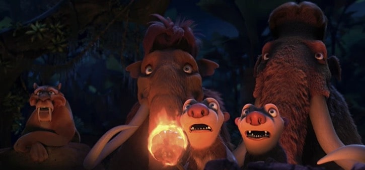 Ice Age Dawn of the Dinosaurs Manny, Ellie, Crash, Eddie, and Diego guided by a torch at night