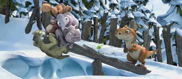 Ice Age Dawn of the Dinosaurs Sid and four animal friends teetering on the end of a log with a baby t-rex on the other end