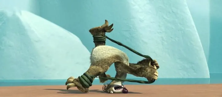 Ice Age Meltdown Sid tangled in a rope and balancing upside down on his head