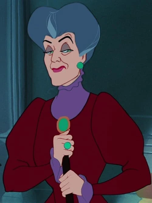 Lady Tremaine wearing red and purple with green earrings