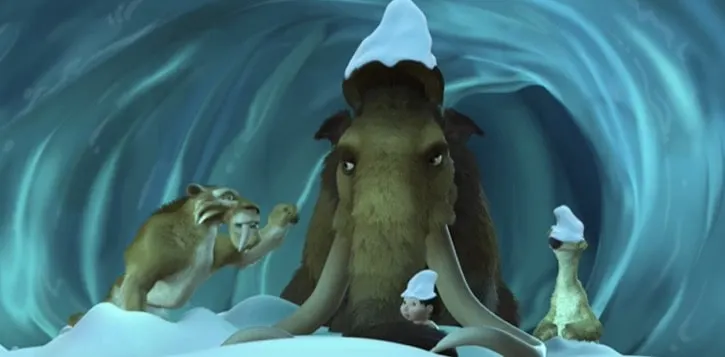 Manny, Sid, Diego, and Baby sitting in an ice cave