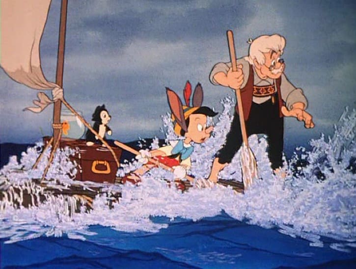 Pinocchio Geppetto Figaro and Cloe on a raft in the ocean