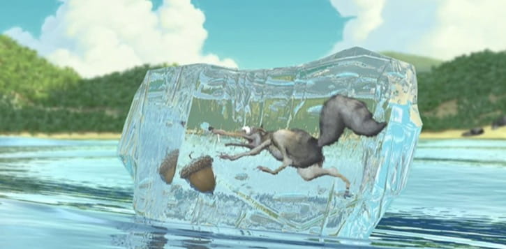 Scrat and an acorn frozen in a block of ice