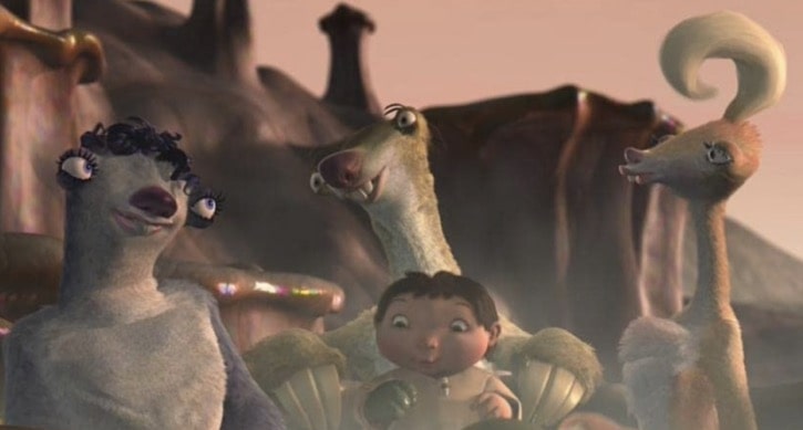 Sid sitting with a human baby and trying to impress two sloth girls