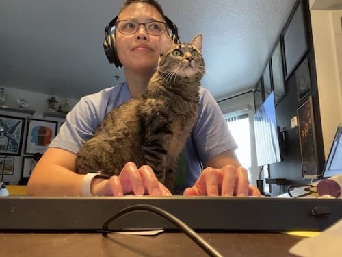 Skydance Animation artist working at home with her cat