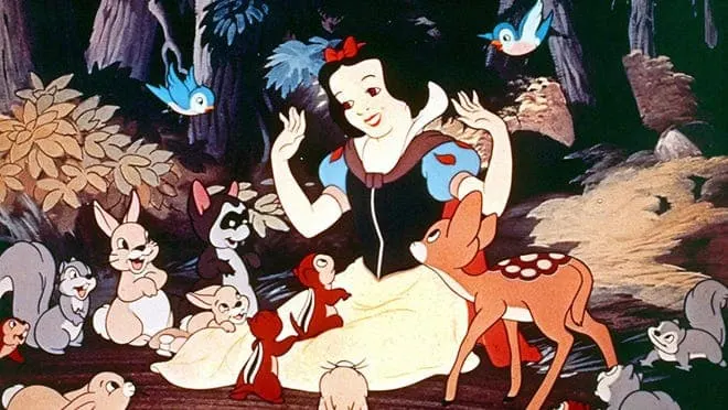 The woodland creatures greeting Snow White