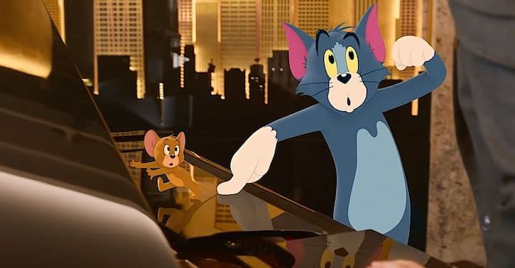 Tom and Jerry 2021 movie Tom holding Jerry down by his tail