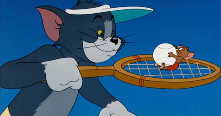 Tom holding Jerry and a white ball on a racquet