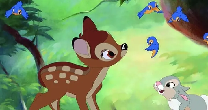 Bambi and Thumper meeting some fluttering blue and yellow birds