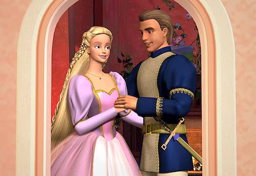 Barbie as Rapunzel standing on a balcony with her prince